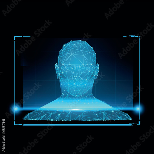 Biometric technology digital face scanning, facial recognition system, vector blue polygonal wireframe blue front view