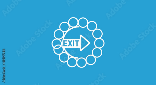 Flat lay image of a white exit sign inside a circle of white dots against a solid blue background, conveying a clear and straightforward message.