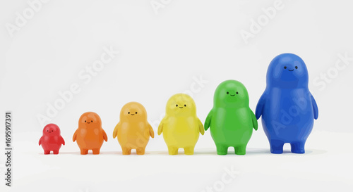 Six colorful cartoon figurines arranged in ascending order against a clean white background, showcasing a playful and cheerful mood in a flat-lay composition.