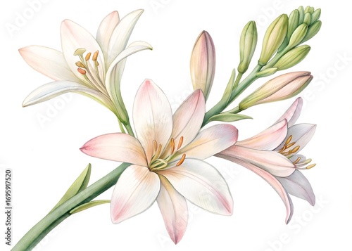 Watercolor painting of tuberose flower isolated on white background, botanical art