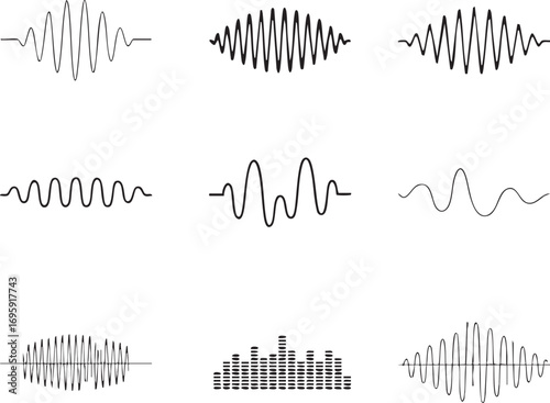 Nine black waveform and sound wave graphics on white background audio music