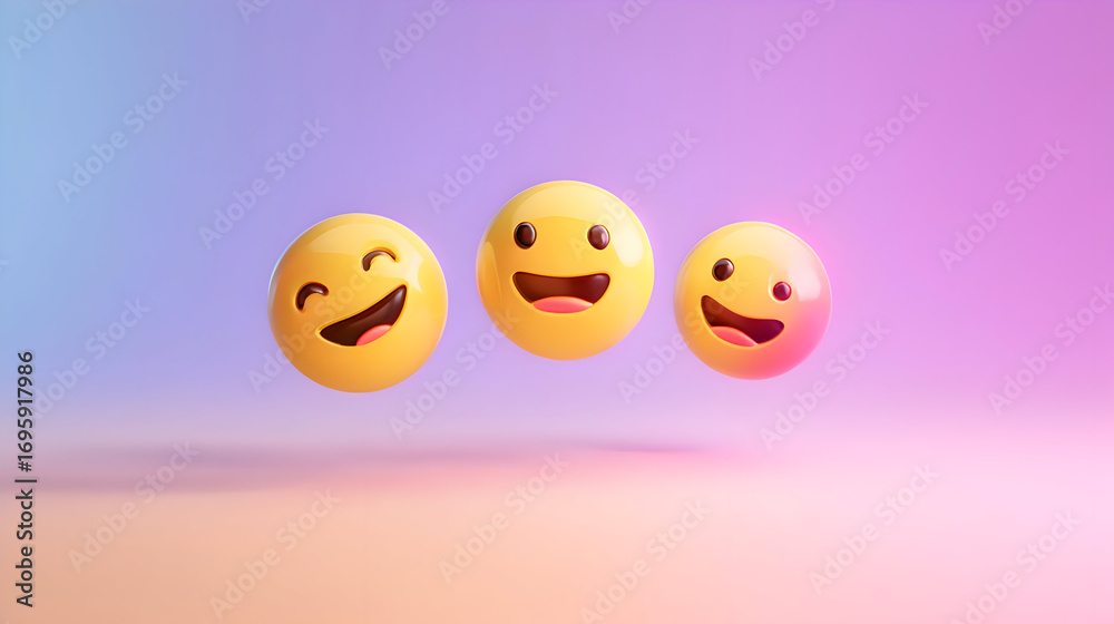 Naklejka premium floating 3d smiling emoji faces with gradient pink background 