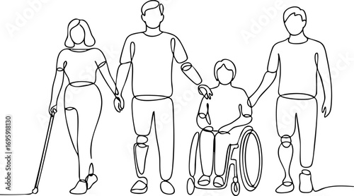 One line drawing of diverse people including a blind person and wheelchair user continuous line diversity