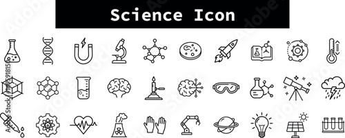 Collection of science icons with a transparent background, featuring laboratory equipment, scientific symbols, and research tools, isolated on transparent background
