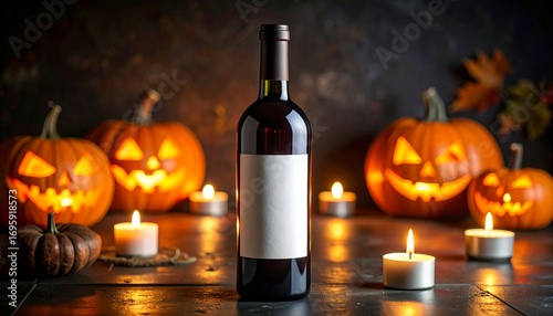 Elegant bottle of red wine with a blank label mockup set against a spooky backdrop of glowing jack-o'-lanterns and warm candles for a Halloween party