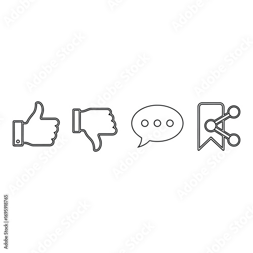 Art of social media icons for like, dislike, comment, and share, representing user interaction and feedback isolated on white background