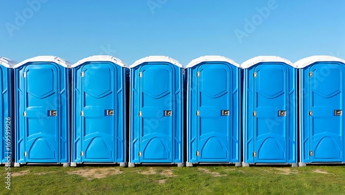 Row of bright blue portable toilets lined up neatly on green grass under a clear blue sky