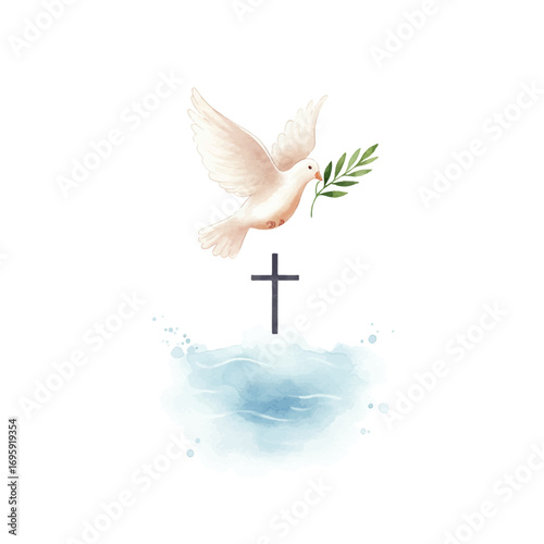 Dove carrying olive branch above cross baptism symbol of peace and hope, religious design element