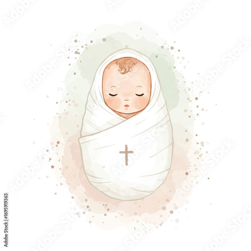 Peaceful newborn swaddled with cross celebrates faith and new beginnings with sweet watercolor design, baptism