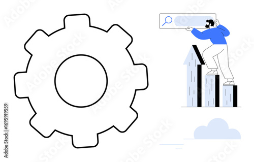 Large gear symbolizes optimization person atop upward arrows with search bar reflects growth and analysis. Ideal for business planning, technology, innovation, marketing, data analysis, teamwork