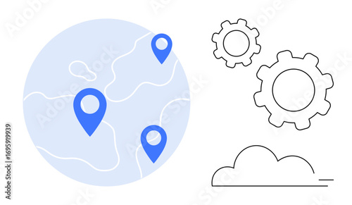 Blue location markers on a world map, outlined gears, and a simple cloud symbolize connectivity, system optimization, and navigation. Ideal for global logistics, mapping, technology, cloud systems