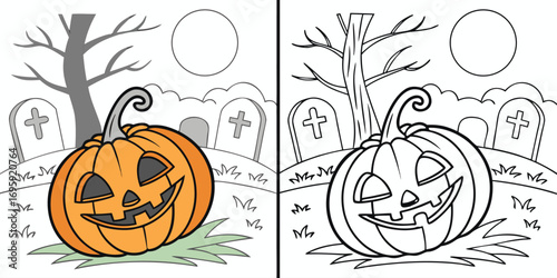 Halloween pumpkin and graveyard scene coloring page
