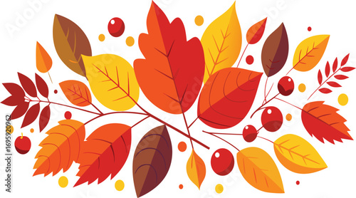 Vibrant autumn leaves and berries arrangement on white background