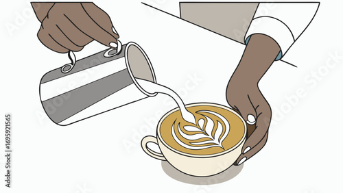 Barista Hands Pouring Steamed Milk to Create Intricate Leaf Latte Art in a Coffee Cup. Detailed Illustration of Coffee Preparation and Craftsmanship