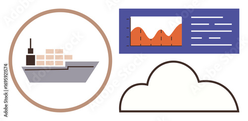 Cargo ship in circle carrying containers, graph showing fluctuating data trends, and cloud shape. Ideal for trade, logistics, supply chain, technology, forecasting cloud storage analytics. Simple