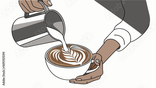 Skilled Barista Hands Pouring Steamed Milk into Coffee, Crafting Exquisite Latte Art with a Fern Pattern in a White Ceramic Cup