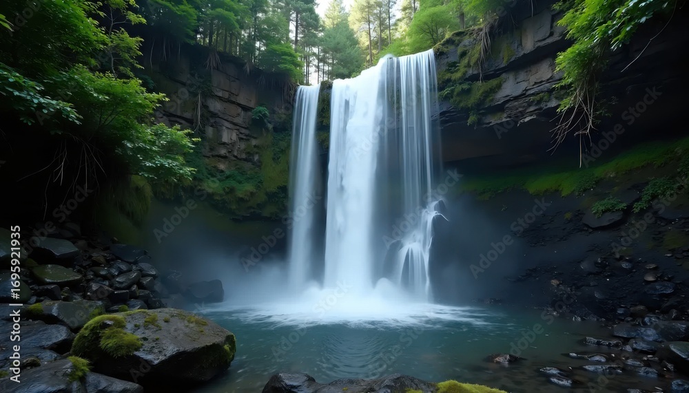 Fototapeta premium A large waterfall in the middle of a lush green forest.