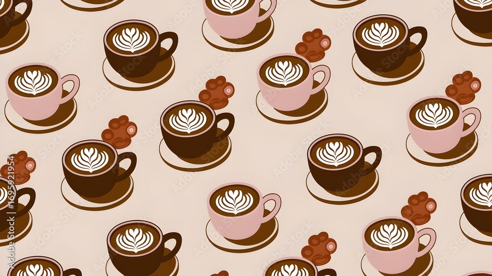 Obraz premium Coffee Cups with Latte Art Seamless Pattern