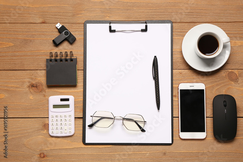 Clipboard, cup of coffee an...