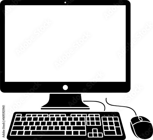 vector silhouette of a desktop computer with monitor, keyboard, and mouse.eps