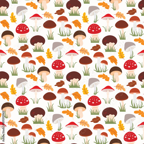 Forest mushroom autumn seamless pattern. Fall season, mushroom picking background. Print with different mushrooms and leaves, vector graphics