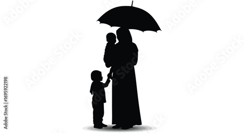 a silhouette of an adult holding an umbrella over a child