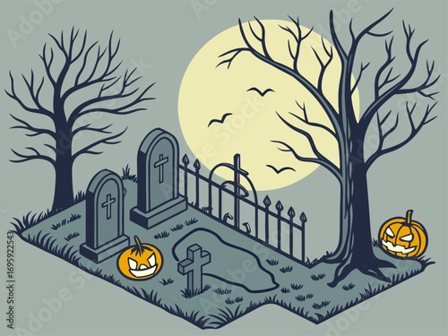 Isometric vector illustration of a spooky graveyard with tombstones and full moon, isolated on white background