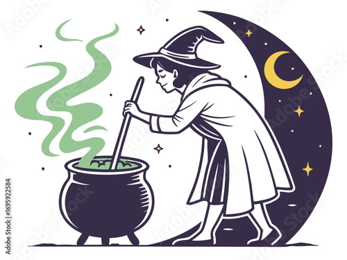 Vector design of a witch brewing a potion in a cauldron with steam, isolated on white background
