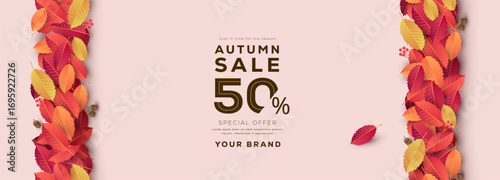 Autumn sale banner design with colorful leaves and discount promotion on pastel background perfect for seasonal advertising and marketing use