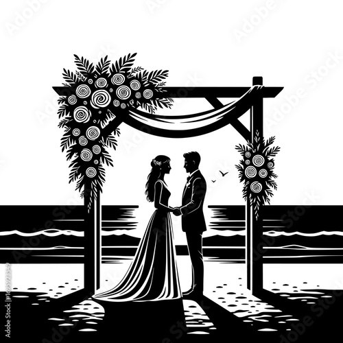 Silhouette of a bride and groom standing under a floral wedding arch on a beach at sunset isolated on white background