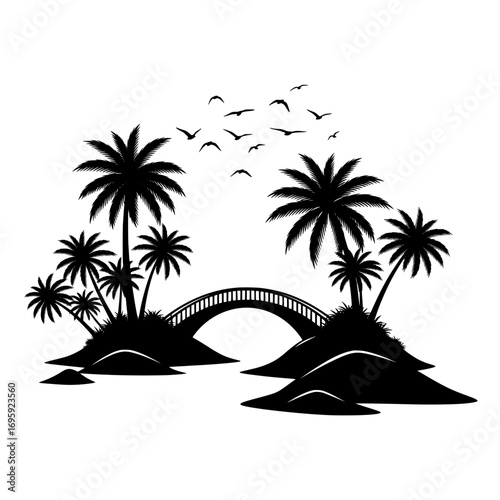 Silhouette of a tropical island landscape with palm trees and a bridge connecting two small landmasses isolated on white background