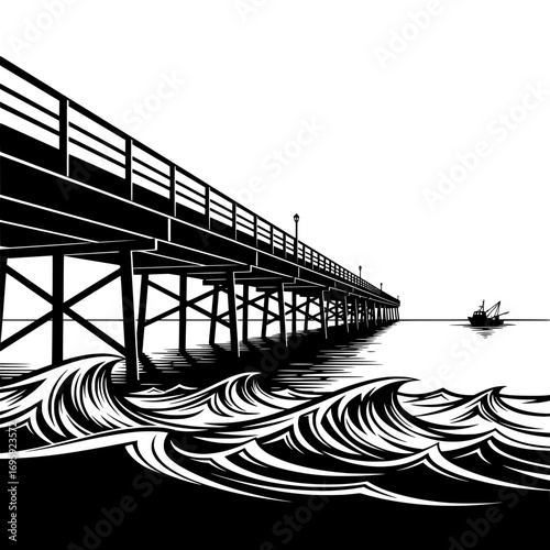Dramatic black and white illustration of a long wooden pier extending over choppy ocean waves with a distant sailboat on the horizon isolated on white background