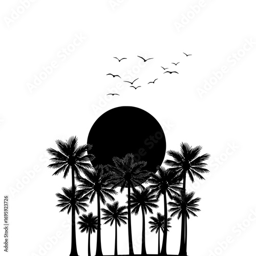 Silhouette of a tropical palm tree grove with a large dark sun and a flock of birds flying above isolated on white background