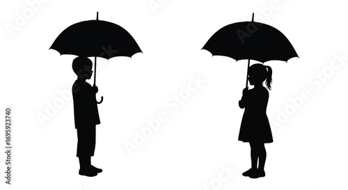 a silhouette of two people standing under umbrellas apart