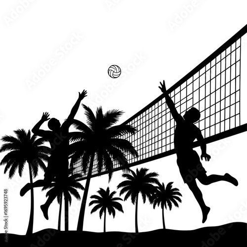 Silhouette of two beach volleyball players jumping to hit the ball over the net with palm trees in the background isolated on white background