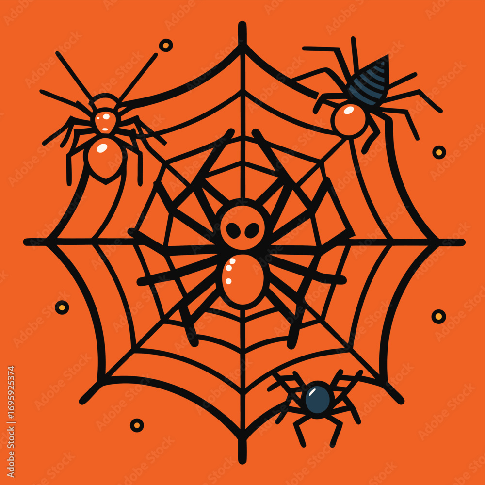Whimsical illustration of a spider web with cute cartoon spiders wearing party hats on an orange background for halloween