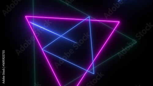 Abstract geometric background with glowing neon triangles intersecting in a futuristic digital light show, vibrant pink and blue lines on a dark canvas