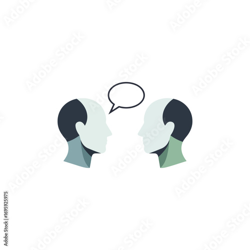 Two stylized heads in profile facing each other, engaged in conversation, represented by a speech bubble.