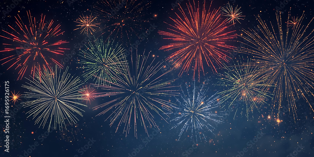 Fototapeta premium Vibrant fireworks exploding in dark night sky
