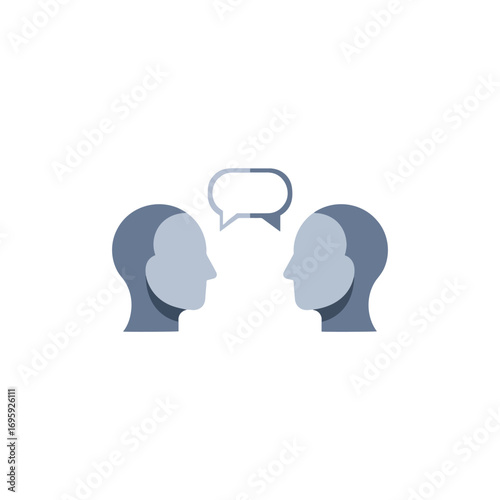Two heads in profile facing each other, engaged in conversation, symbolized by a speech bubble.