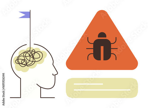 Head outline with tangled brain representing confusion paired with bug in warning triangle. Ideal for mental health, stress, anxiety, psychology, awareness, problem-solving, therapy. Simple flat