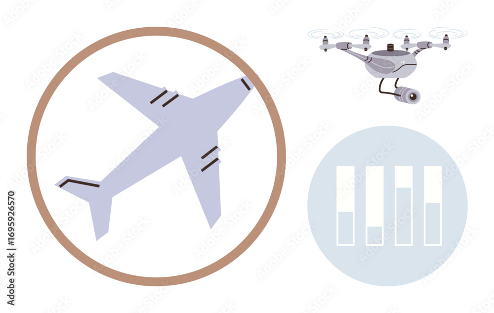 Fototapeta premium Airplane in circular frame, Quadcopter with camera, and vertical data bars embody modern aviation, surveillance, logistics, data analytics, and transportation. Ideal for innovation, tech and analytics