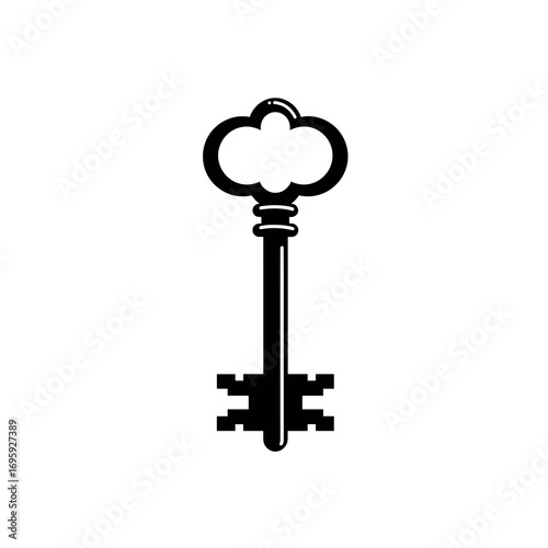 Vintage key illustration with ornate design in black and white  