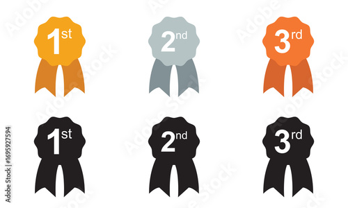 Gold silver and bronze award medal icons. three award medals with ribbons numbered 1, 2, and 3, representing gold, silver, and bronze competition rankings.   symbol sign icon logo template .