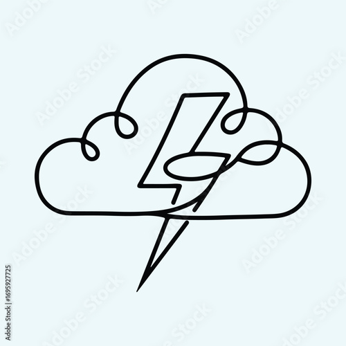 Silhouette cloud and lightning bolt one line drawing vector illustrator