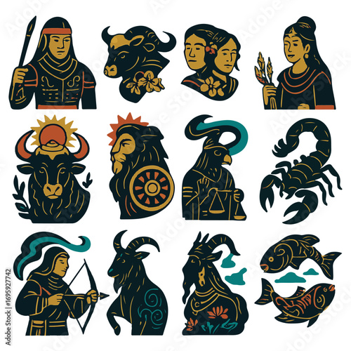 "Cultural Zodiac Guardians Vector Set – Spanish English Astrology Symbols in Bold Stylized Art"