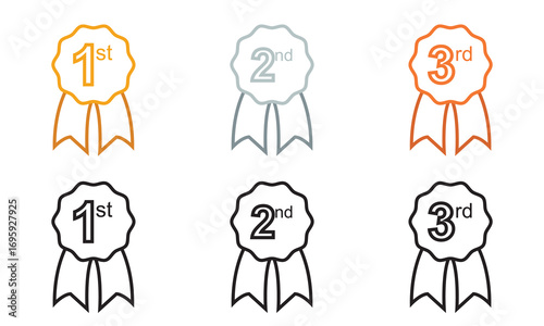 Gold silver and bronze award medal icons. three award medals with ribbons numbered 1, 2, and 3, representing gold, silver, and bronze competition rankings.   symbol sign icon logo template .