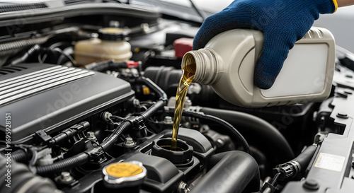 Professional auto mechanic performing an essential engine oil change, ensuring vehicle longevity and performance with fresh lubricant