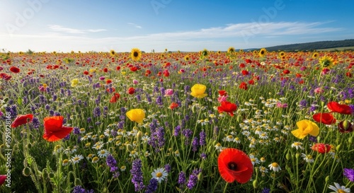 Vivid field with mixed wildflowers red poppies, yellow, white daisies, purple, sunflowers under a sunny blue sky