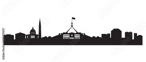 Silhouette of Canberra Skyline with Parliament House and other Landmarks Black and White Vector Illustration